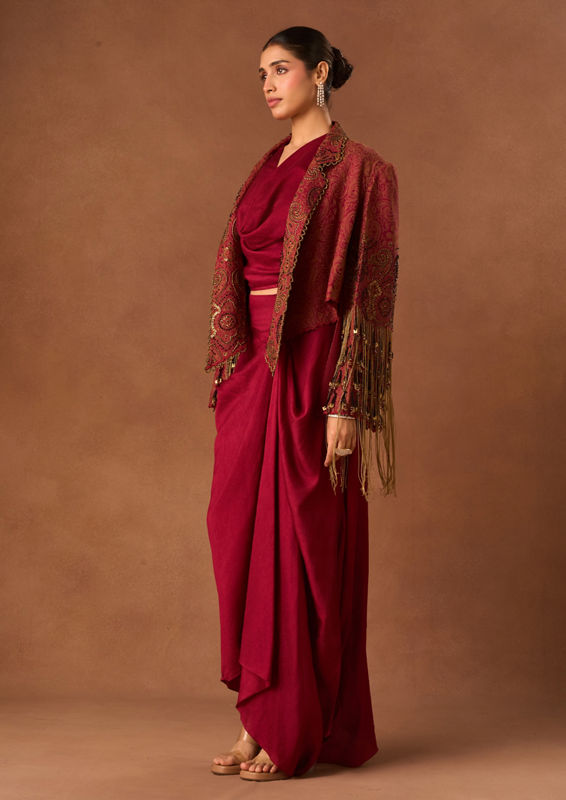Twamev Women Red Art Silk Indo Western with Embroidery