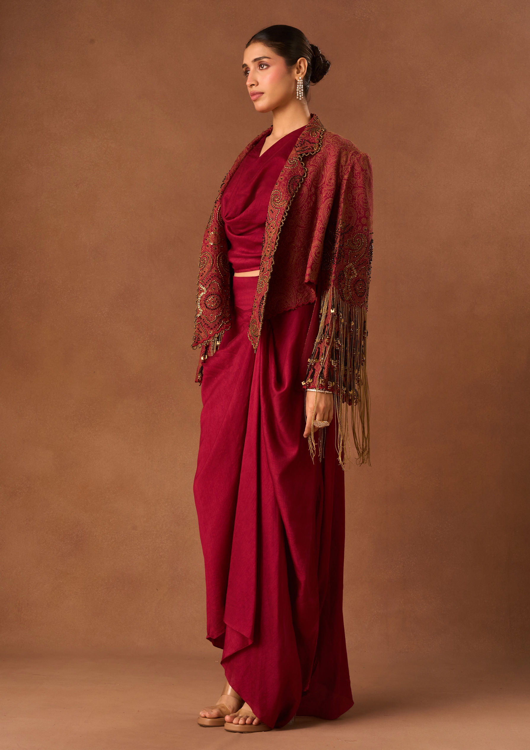 Twamev Women Red Art Silk Indo Western with Embroidery