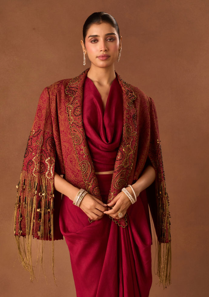 Twamev Women Red Art Silk Indo Western with Embroidery
