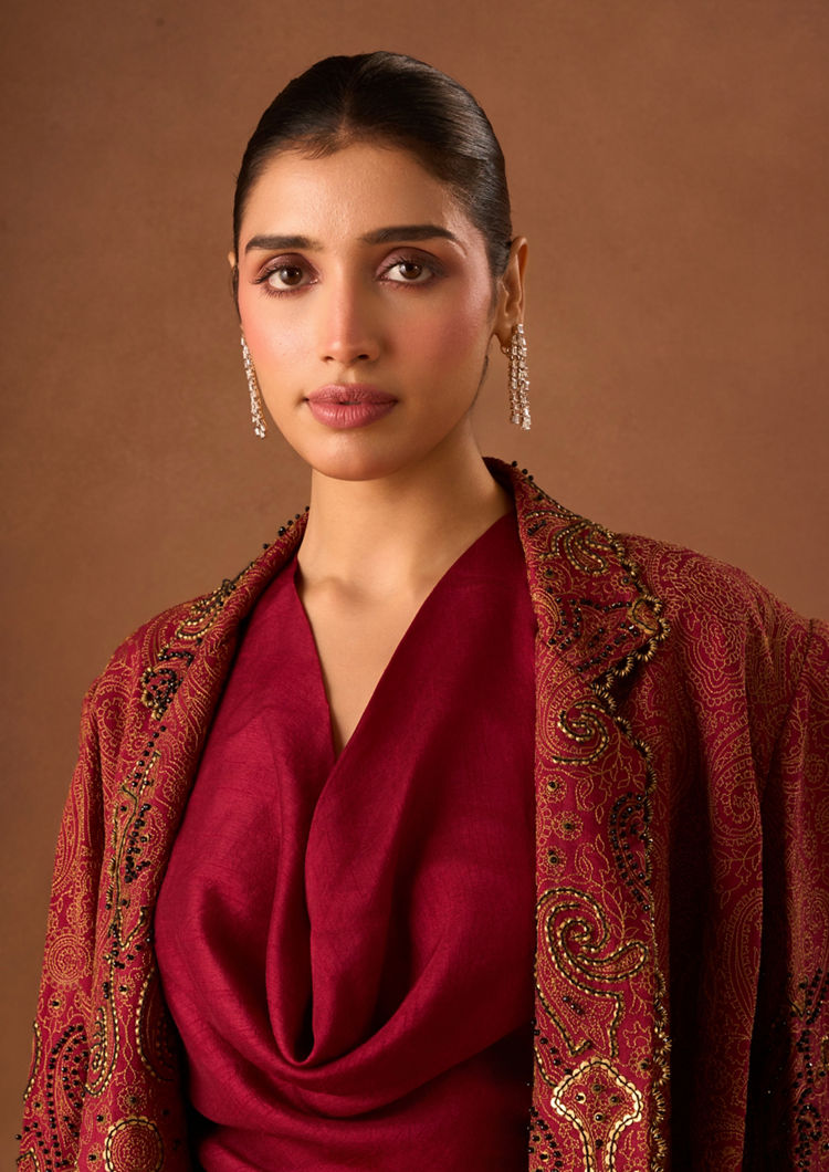 Twamev Women Red Art Silk Indo Western with Embroidery