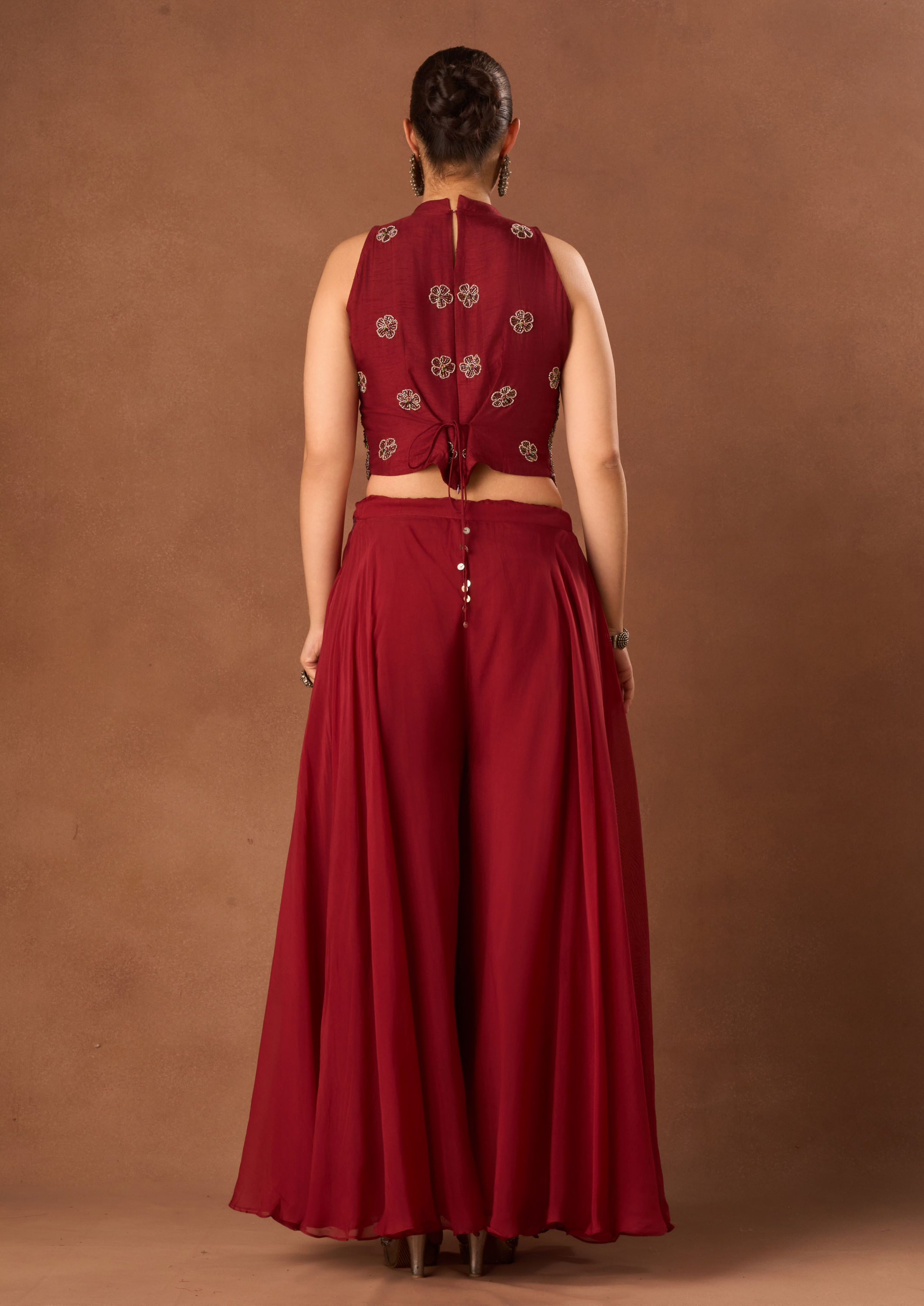 Twamev Women Red Chinon Indo Western with Embroidery