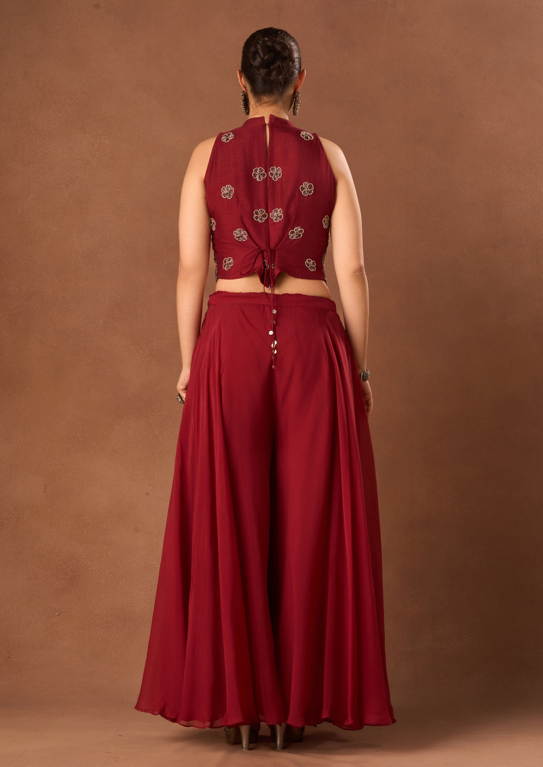 Twamev Women Red Chinon Indo Western with Embroidery