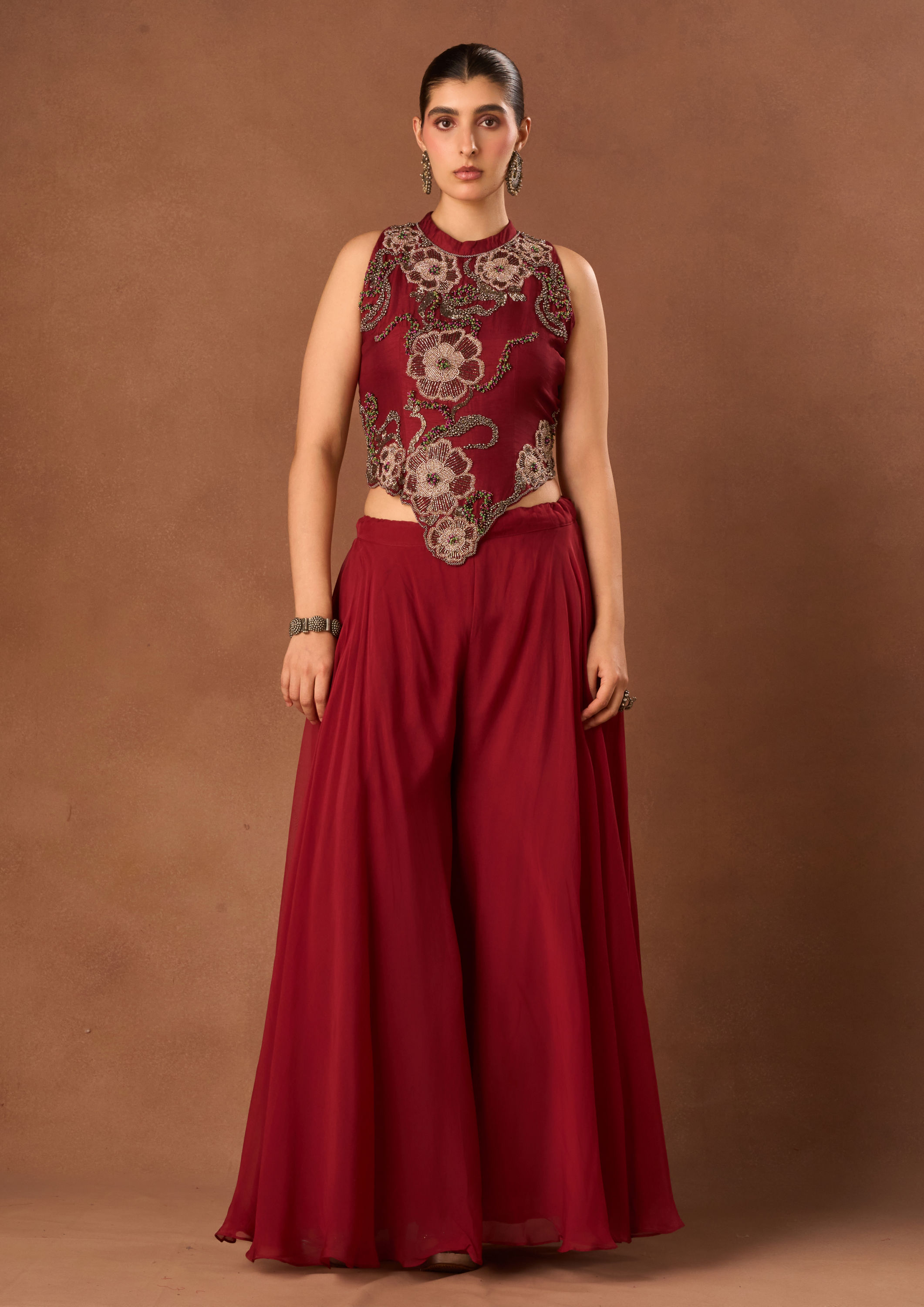 Twamev Women Red Chinon Indo Western with Embroidery