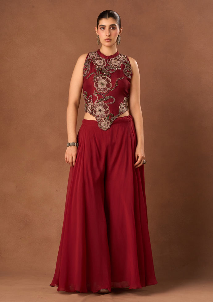 Twamev Women Red Chinon Indo Western with Embroidery