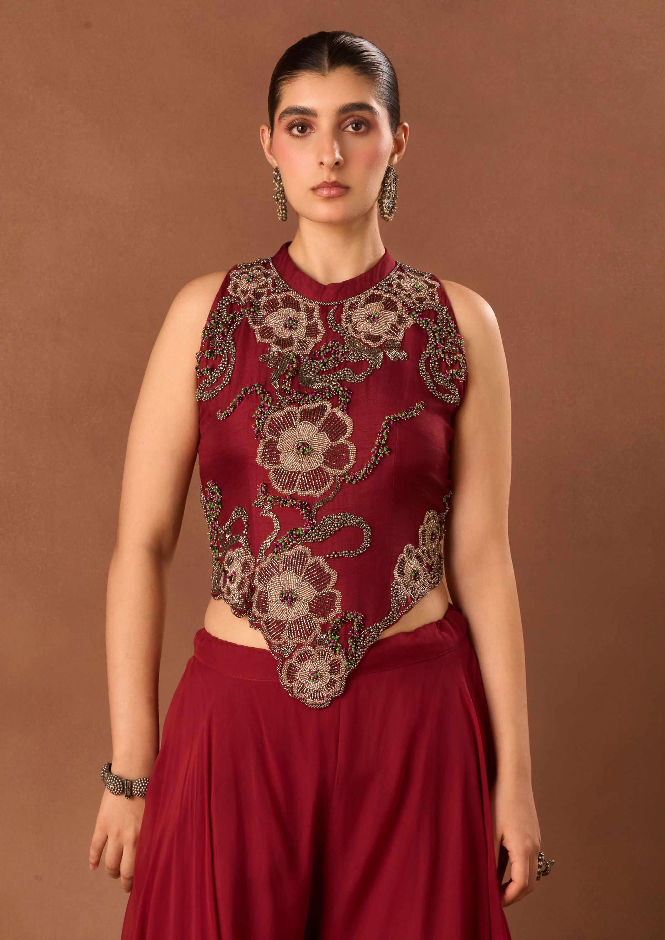 Twamev Women Red Chinon Indo Western with Embroidery