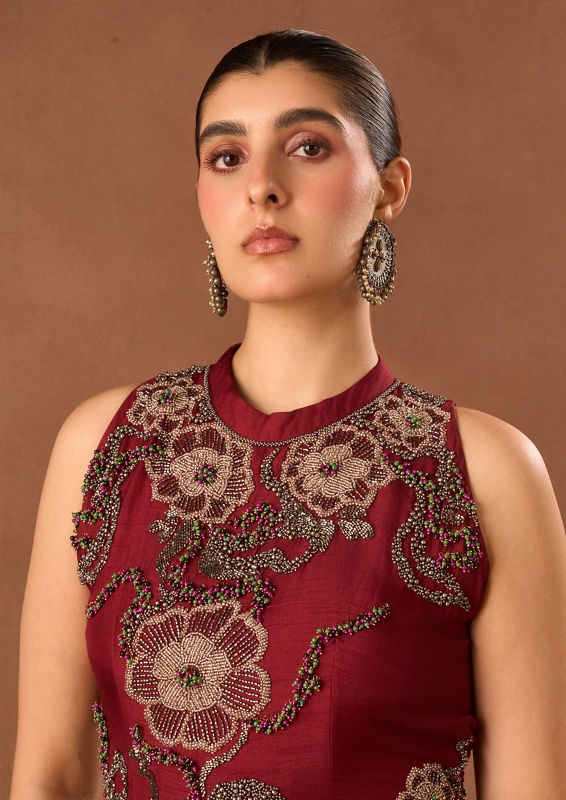 Twamev Women Red Chinon Indo Western with Embroidery