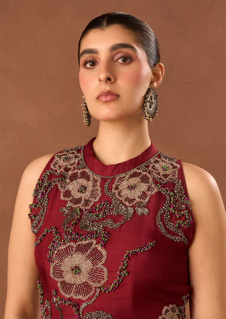 Twamev Women Red Chinon Indo Western with Embroidery