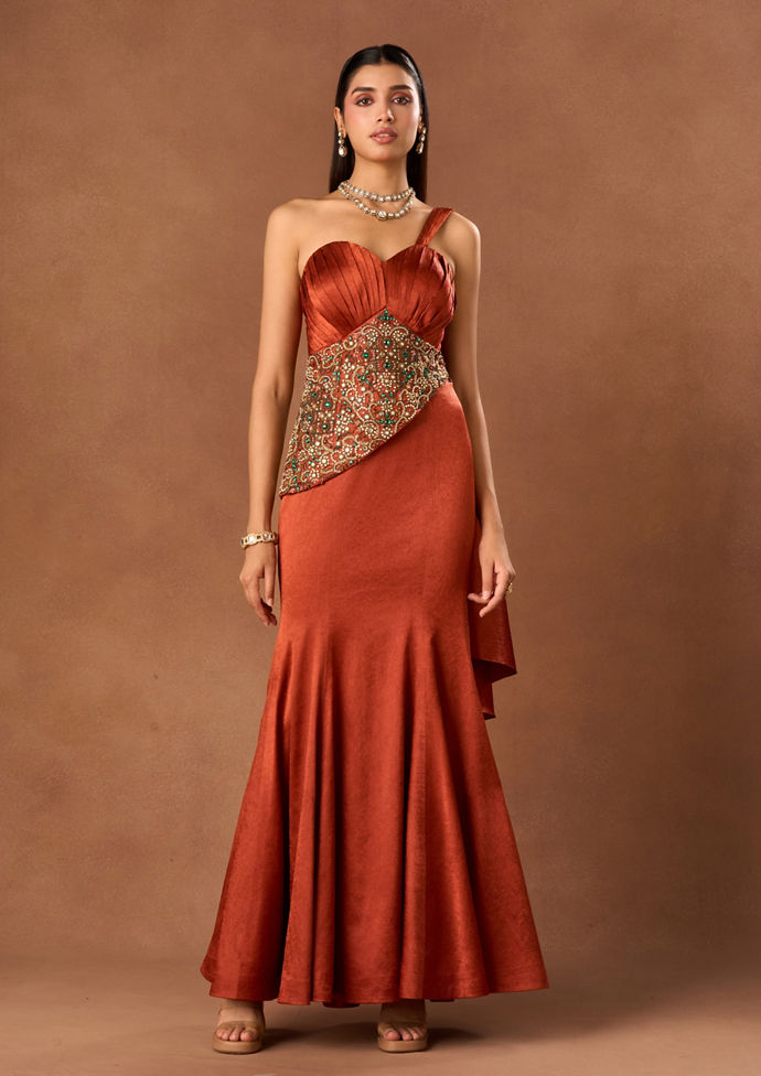 Twamev Women Red Art Silk Indo Western Corset Lahenga with Embroidery