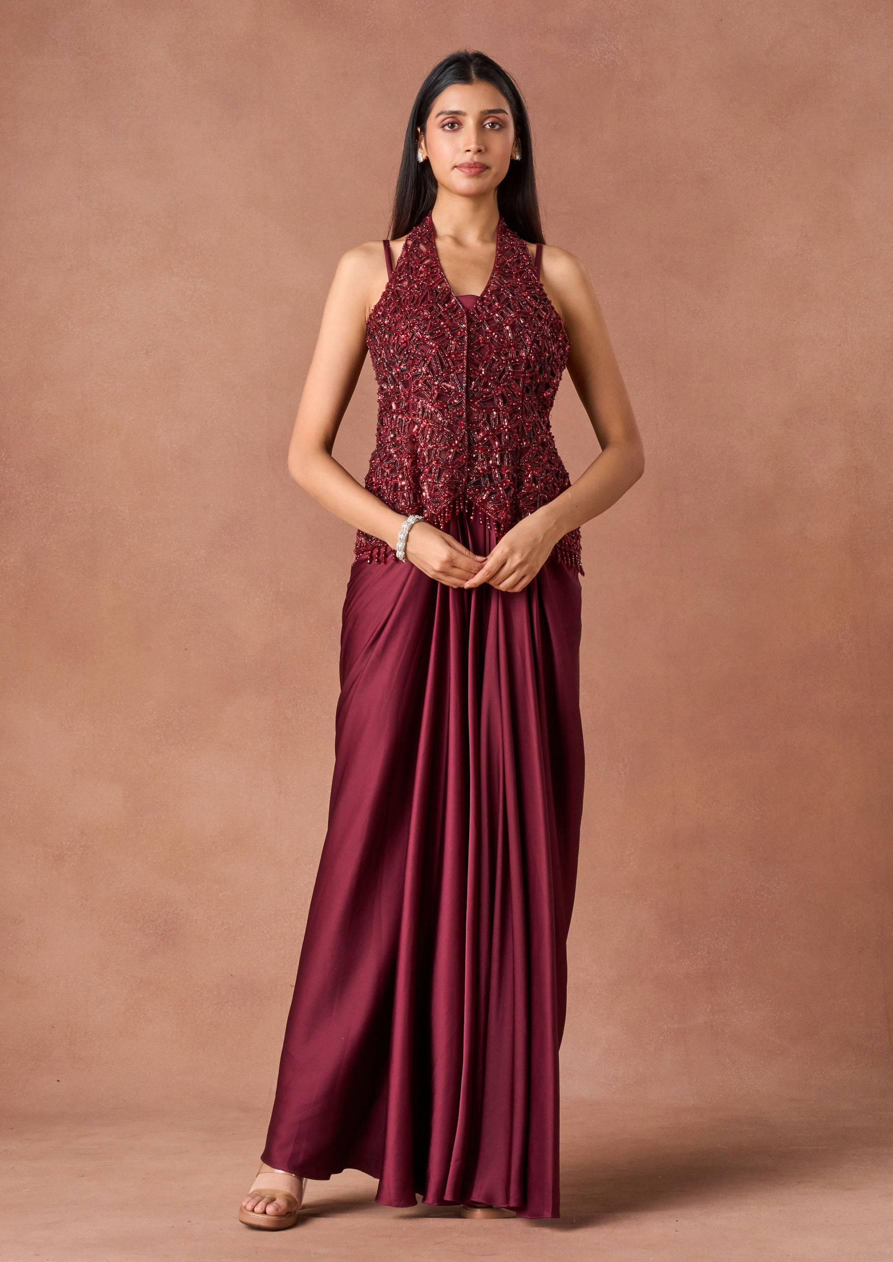 Twamev Women Marron Textured Draped Ensemble Indo Western