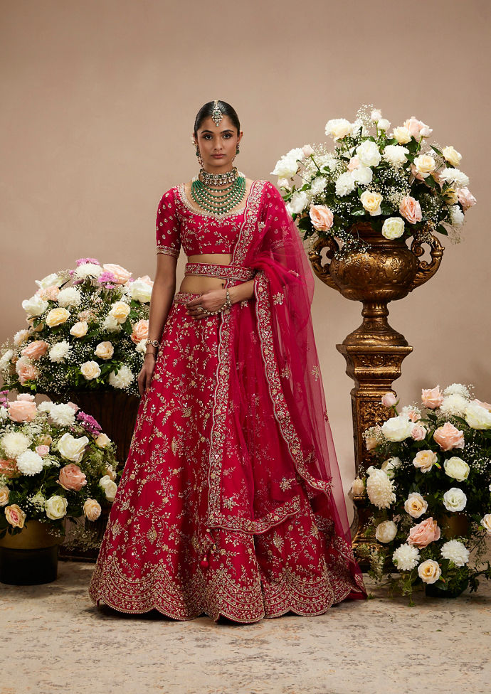 Twamev Women Rani Pink Bel Buti Embroidered Lehenga with Scalloped Borders And Pillow Trim Latkans