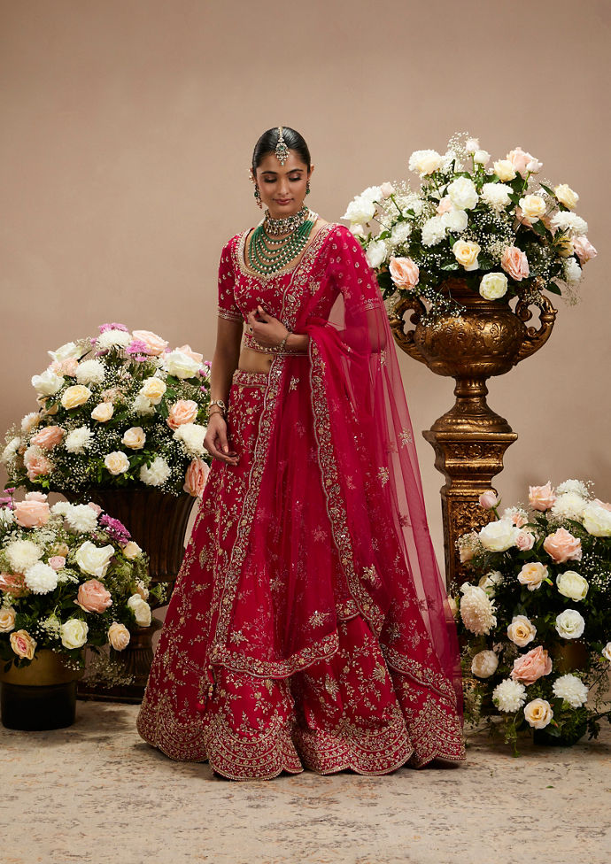 Twamev Women Rani Pink Bel Buti Embroidered Lehenga with Scalloped Borders And Pillow Trim Latkans