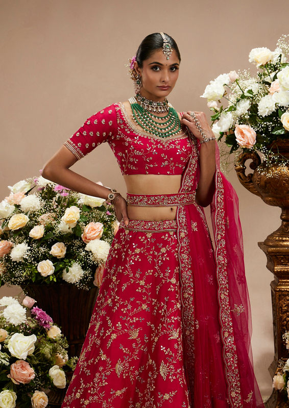Twamev Women Rani Pink Bel Buti Embroidered Lehenga with Scalloped Borders And Pillow Trim Latkans