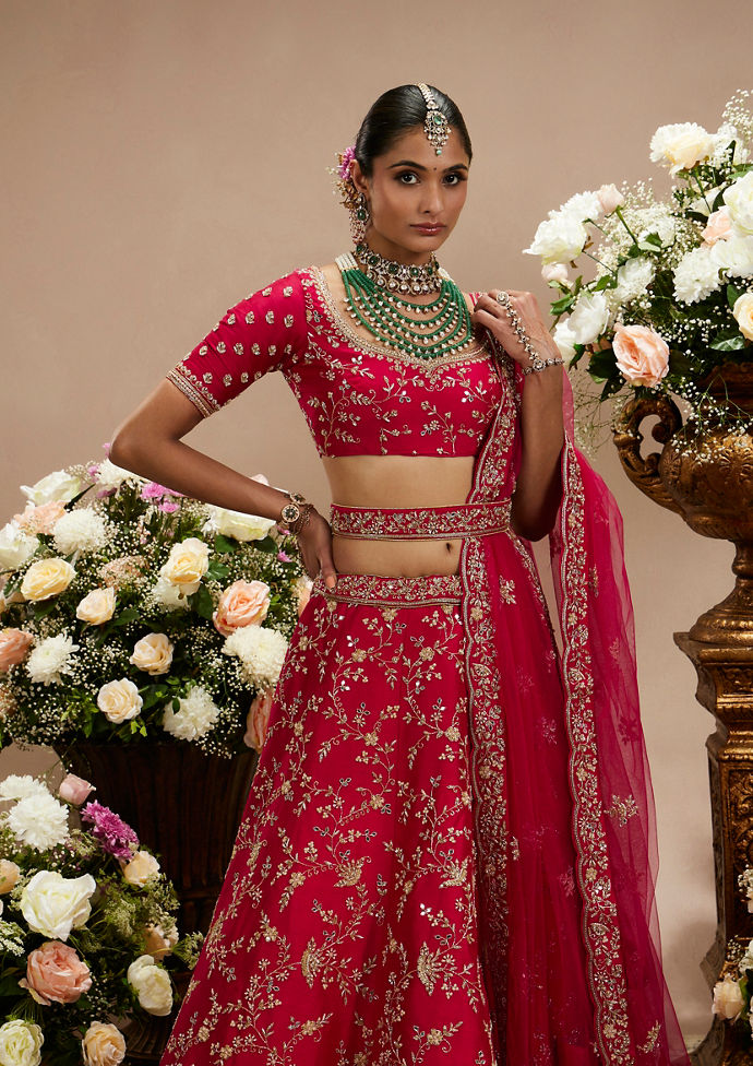 Twamev Women Rani Pink Bel Buti Embroidered Lehenga with Scalloped Borders And Pillow Trim Latkans