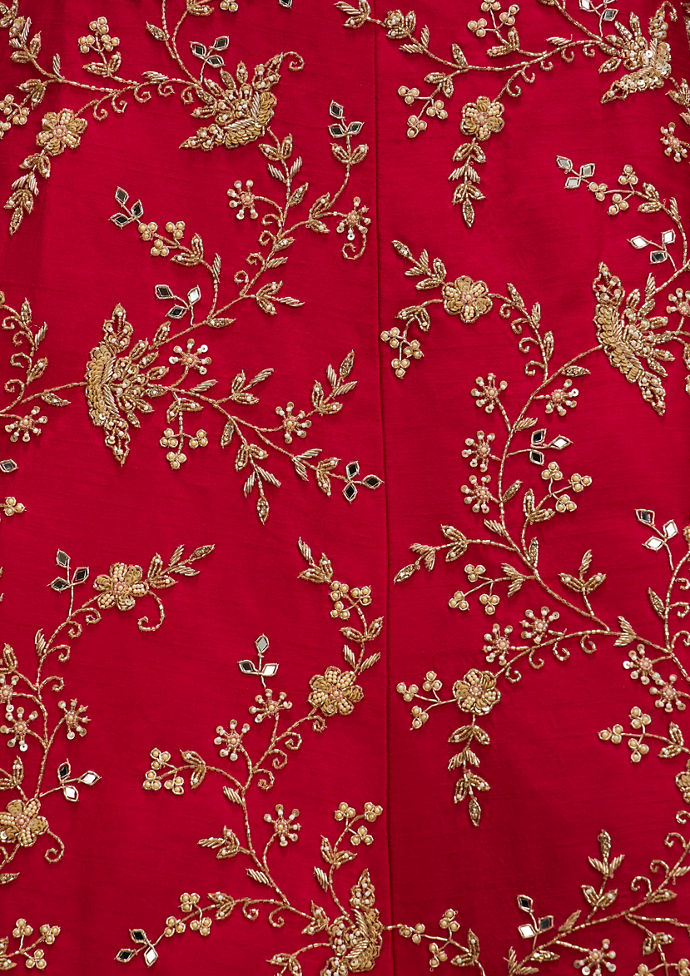 Twamev Women Rani Pink Bel Buti Embroidered Lehenga with Scalloped Borders And Pillow Trim Latkans