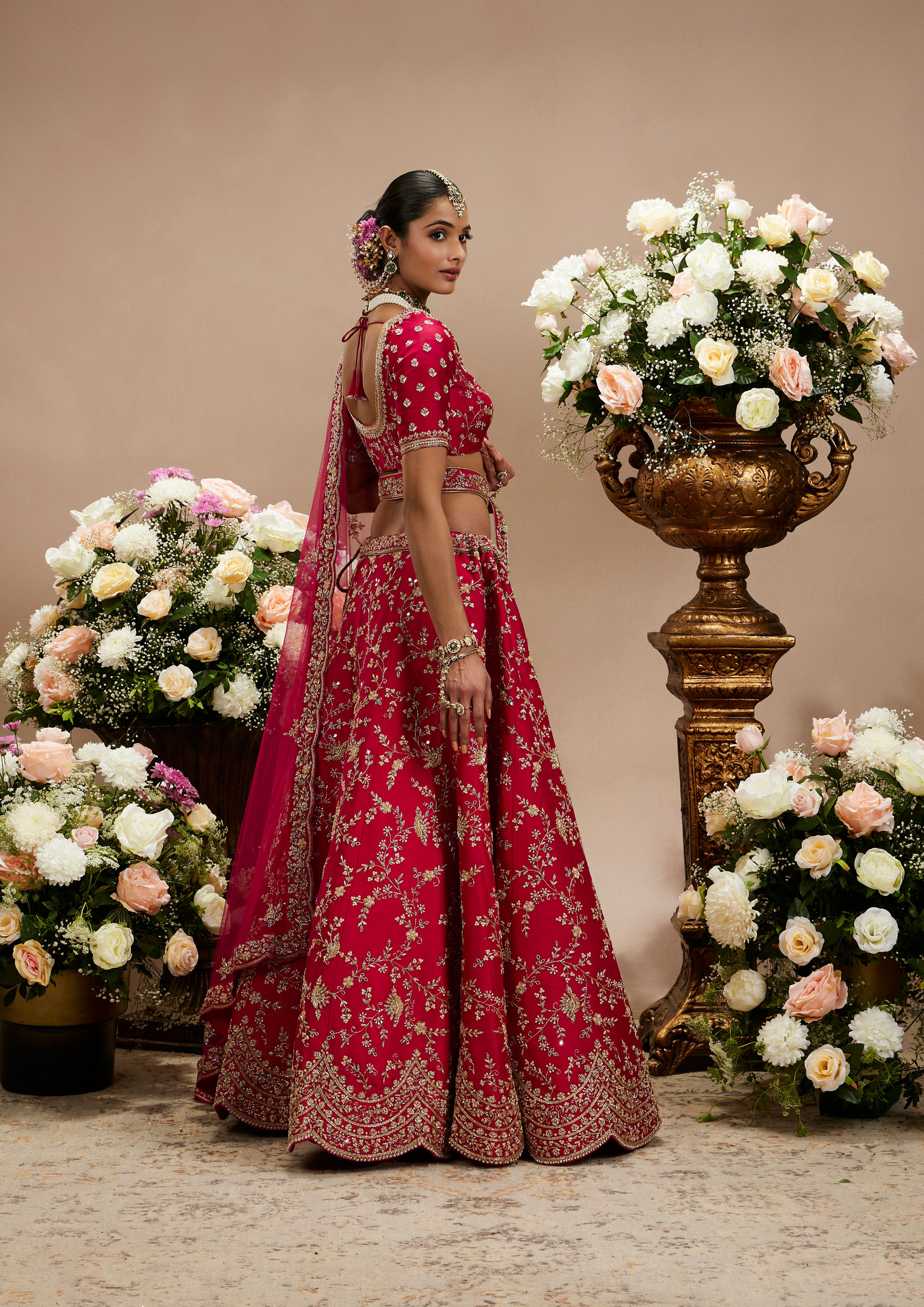 Twamev Women Rani Pink Bel Buti Embroidered Lehenga with Scalloped Borders And Pillow Trim Latkans
