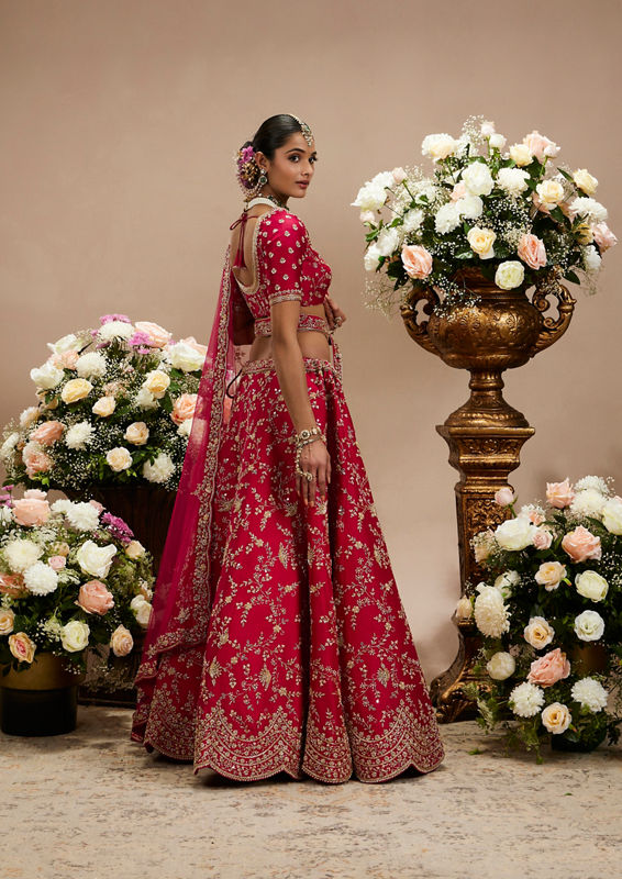 Twamev Women Rani Pink Bel Buti Embroidered Lehenga with Scalloped Borders And Pillow Trim Latkans