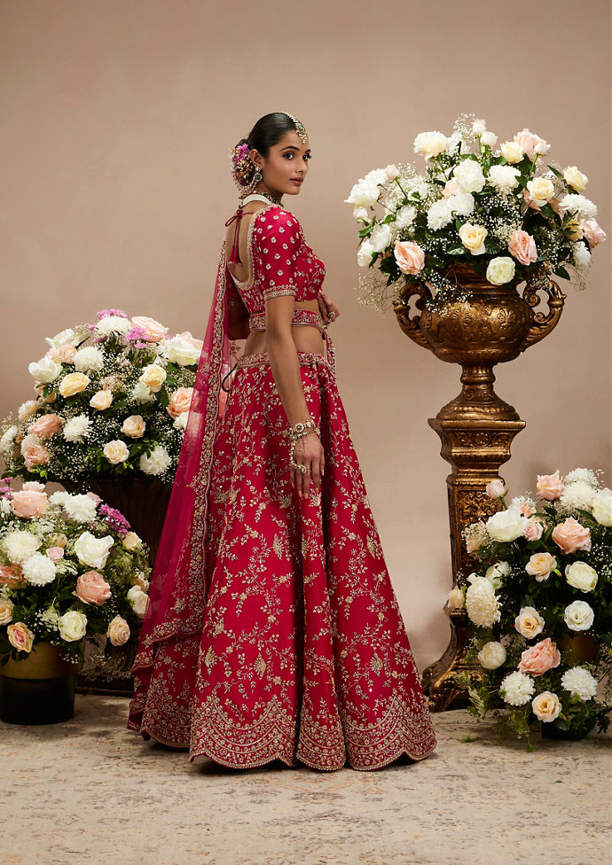 Twamev Women Rani Pink Bel Buti Embroidered Lehenga with Scalloped Borders And Pillow Trim Latkans