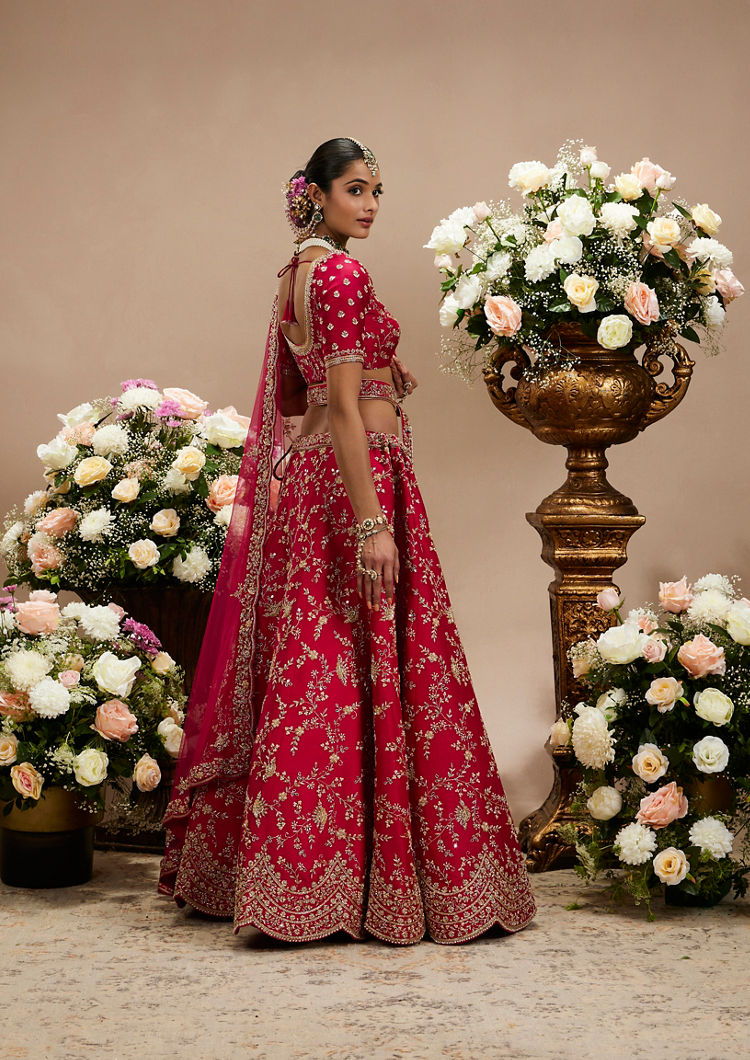 Twamev Women Rani Pink Bel Buti Embroidered Lehenga with Scalloped Borders And Pillow Trim Latkans