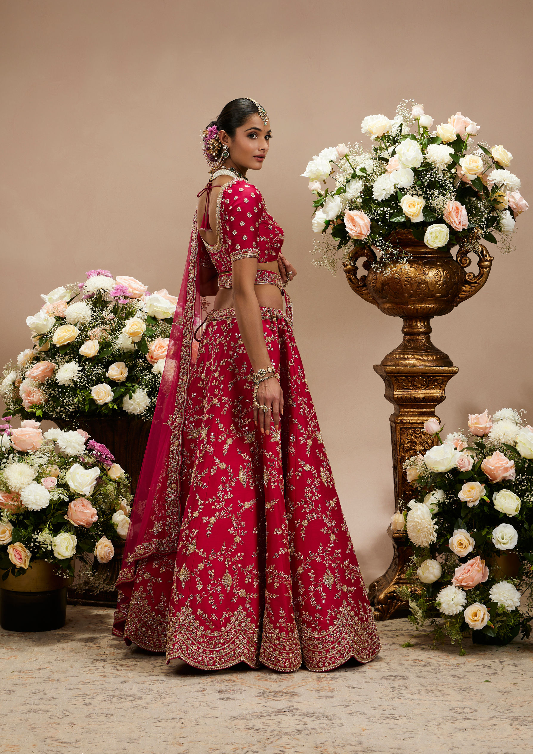 Twamev Women Rani Pink Bel Buti Embroidered Lehenga with Scalloped Borders And Pillow Trim Latkans