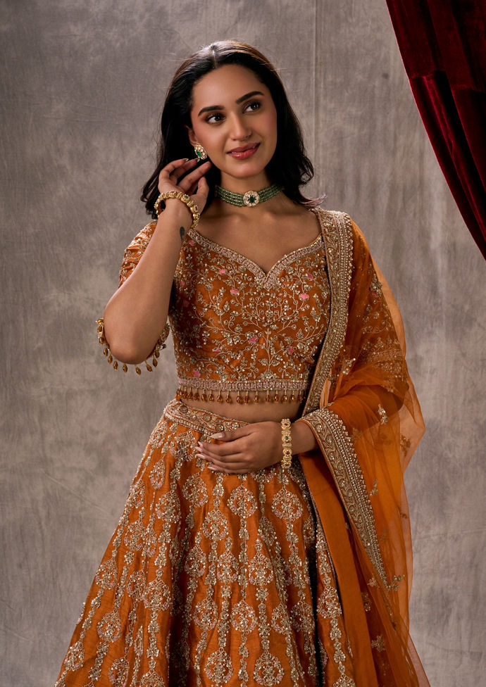 Twamev Women Twirling Orange Saga Lehenga