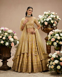 Twamev Women Gold Beige Bel Buti Embroidered Lehenga with Intricate Borders, Sequin And Stone Work