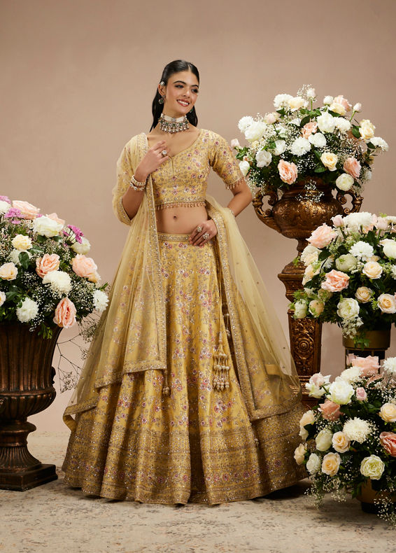 Twamev Women Gold Beige Bel Buti Embroidered Lehenga with Intricate Borders, Sequin And Stone Work