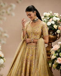 Twamev Women Gold Beige Bel Buti Embroidered Lehenga with Intricate Borders, Sequin And Stone Work