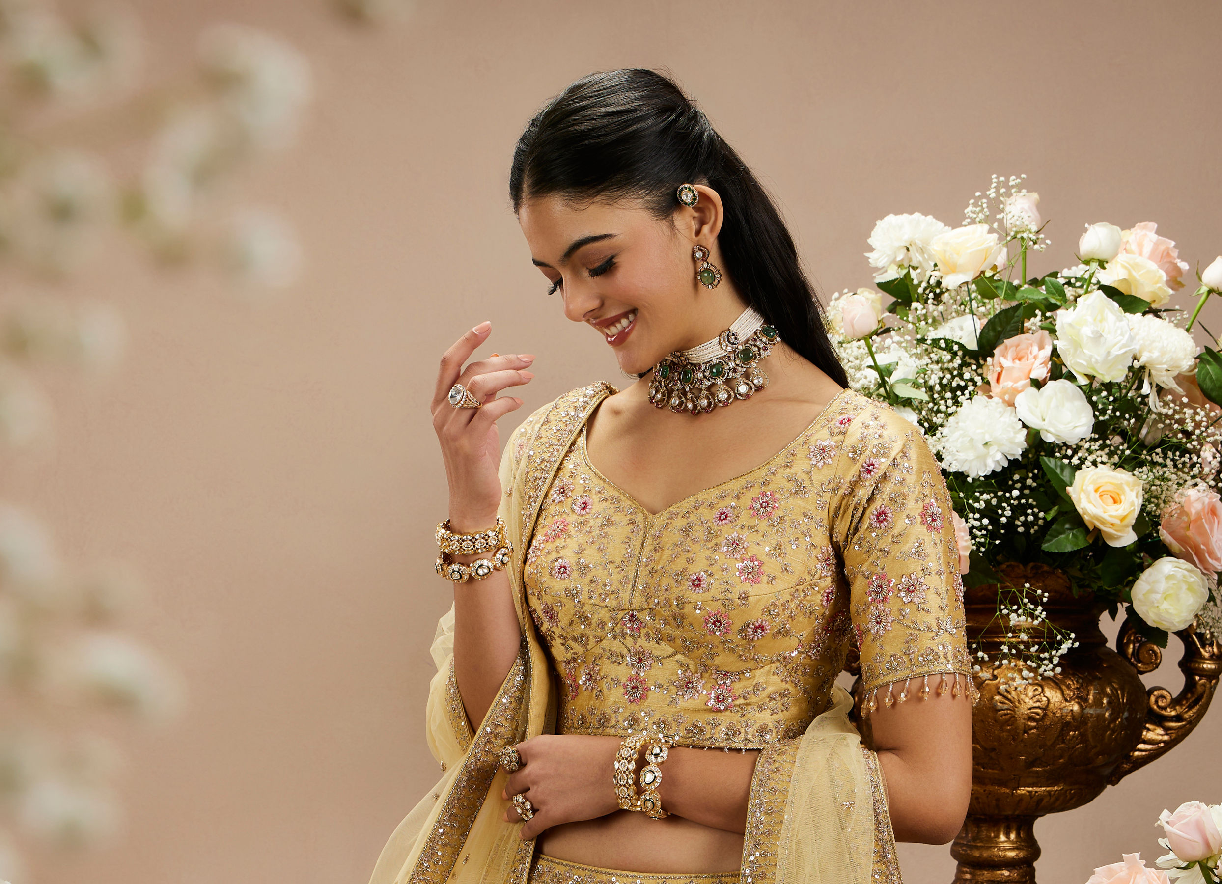 Twamev Women Gold Beige Bel Buti Embroidered Lehenga with Intricate Borders, Sequin And Stone Work