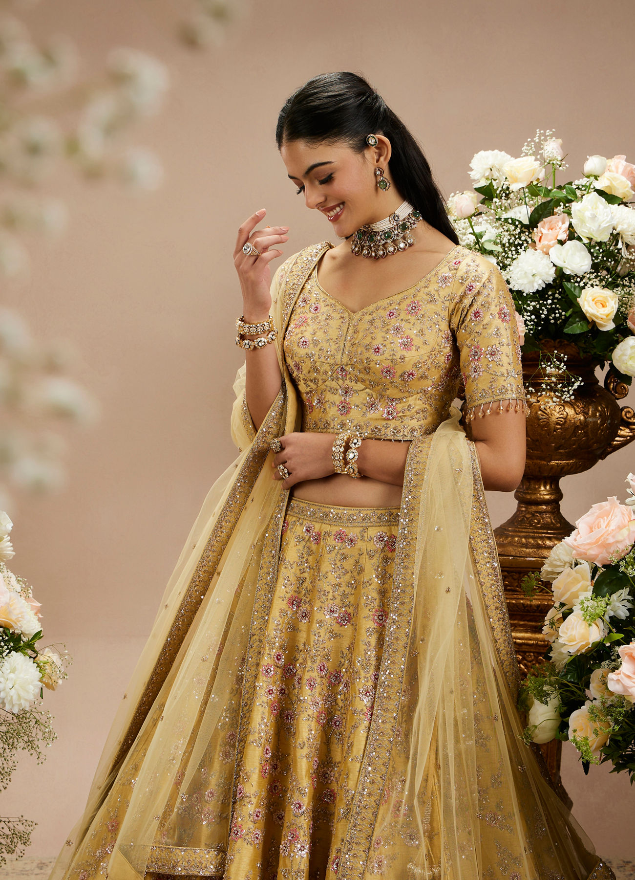 Twamev Women Gold Beige Bel Buti Embroidered Lehenga with Intricate Borders, Sequin And Stone Work