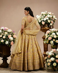 Twamev Women Gold Beige Bel Buti Embroidered Lehenga with Intricate Borders, Sequin And Stone Work