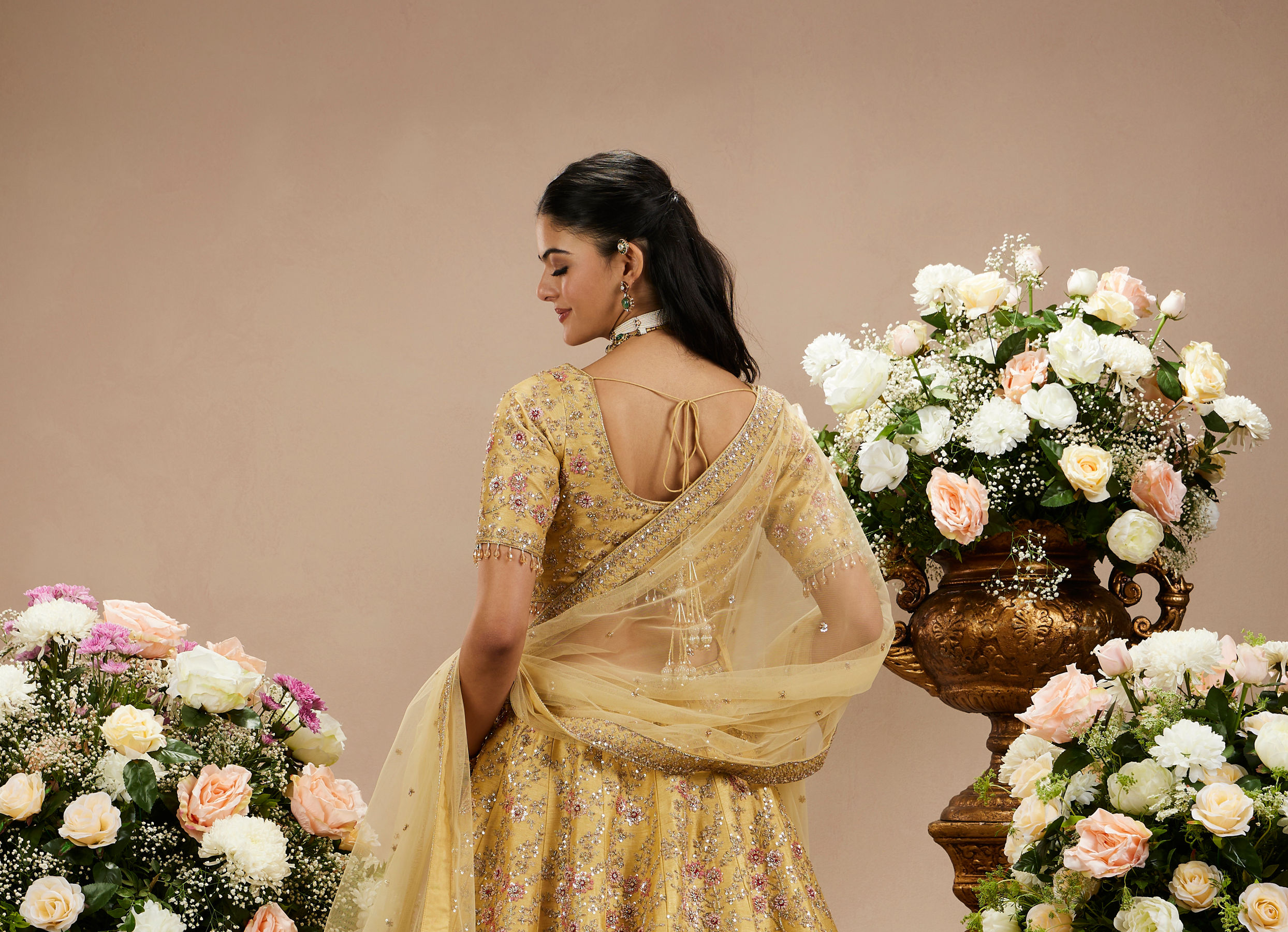 Twamev Women Gold Beige Bel Buti Embroidered Lehenga with Intricate Borders, Sequin And Stone Work