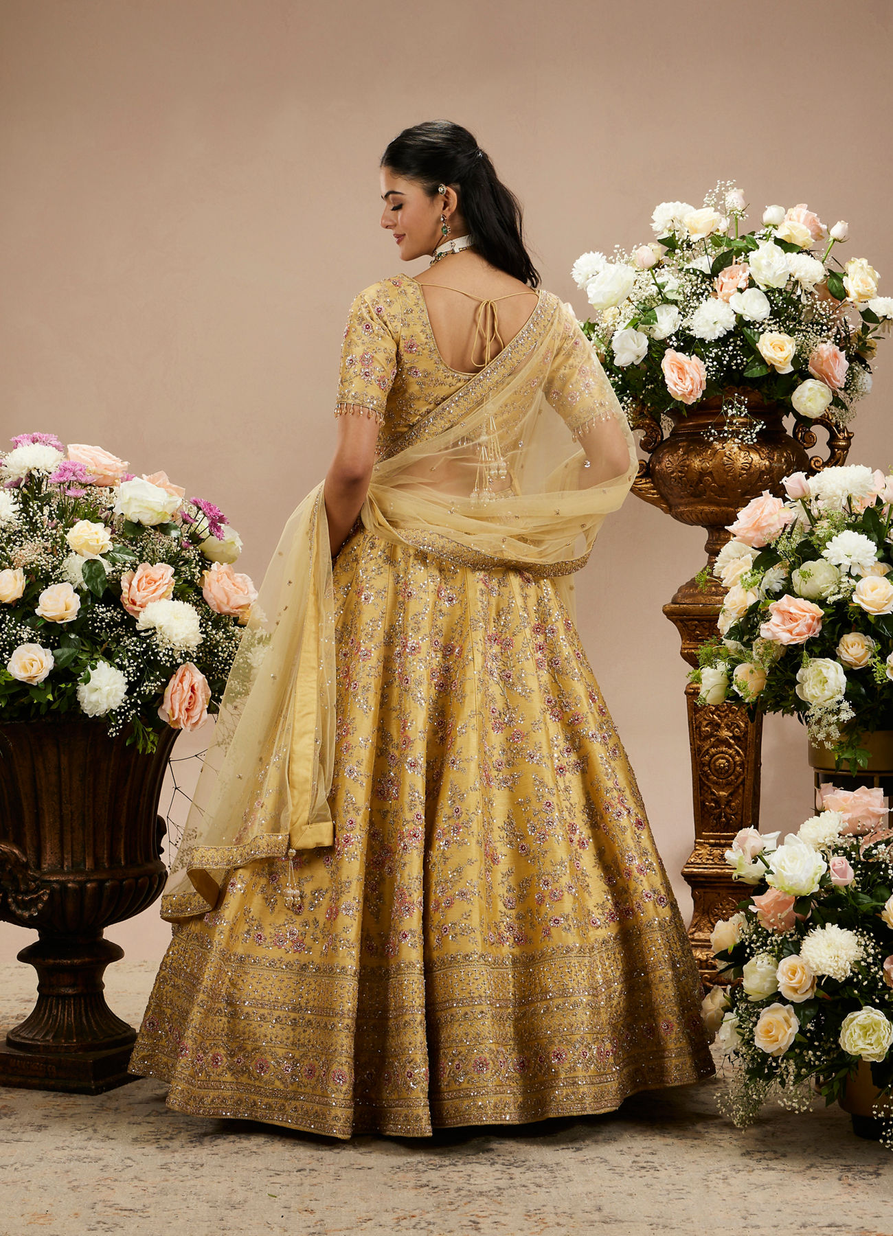 Twamev Women Gold Beige Bel Buti Embroidered Lehenga with Intricate Borders, Sequin And Stone Work
