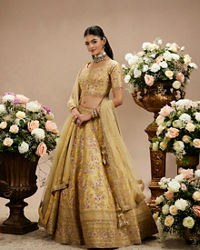 Twamev Women Gold Beige Bel Buti Embroidered Lehenga with Intricate Borders, Sequin And Stone Work