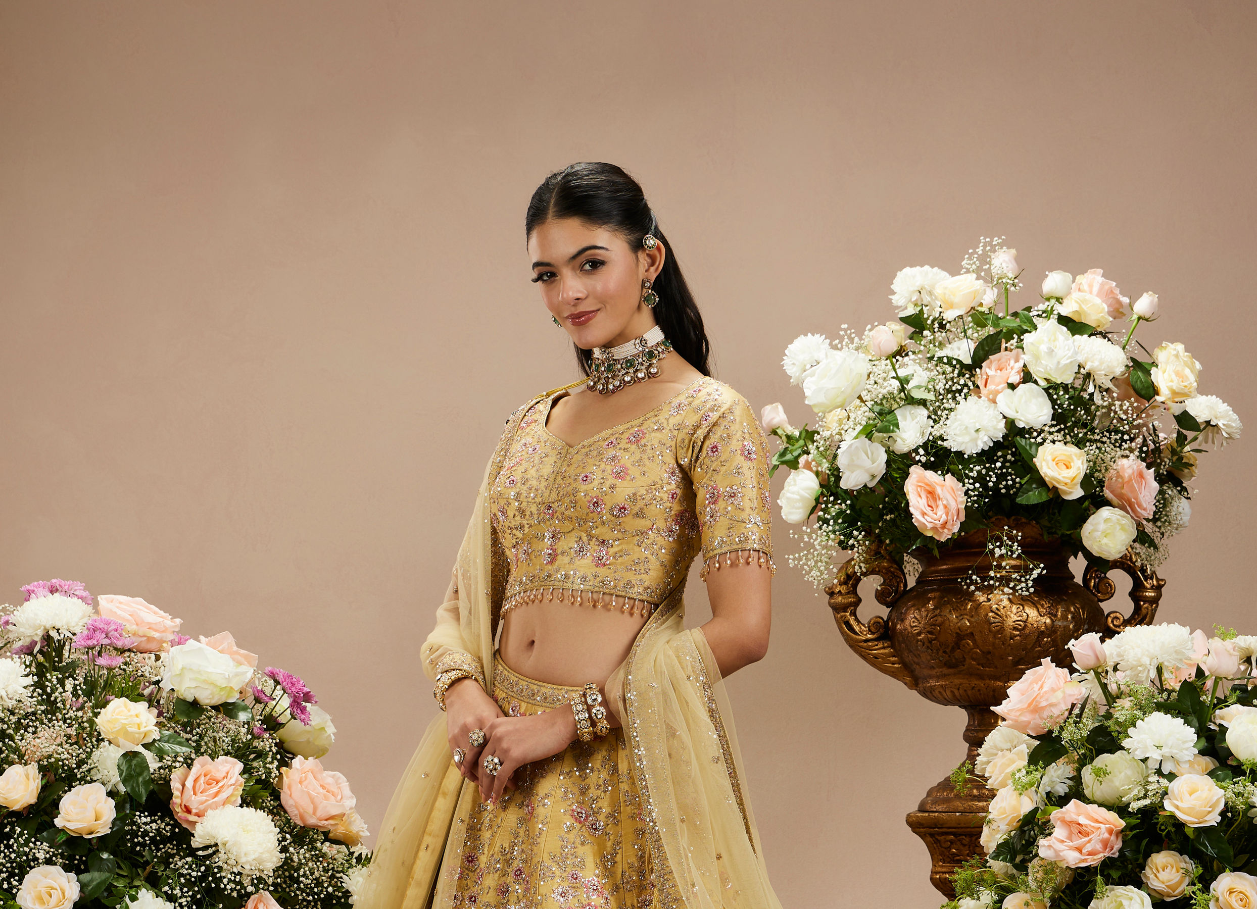 Twamev Women Gold Beige Bel Buti Embroidered Lehenga with Intricate Borders, Sequin And Stone Work