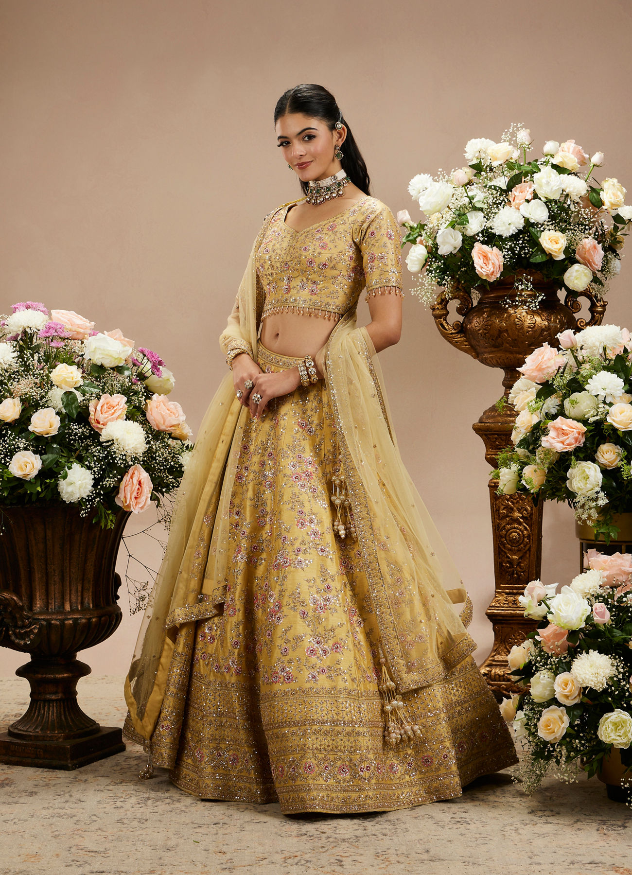 Twamev Women Gold Beige Bel Buti Embroidered Lehenga with Intricate Borders, Sequin And Stone Work
