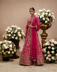 Twamev Women Rani Pink Bel Buti Embroidered Lehenga with Intricate Borders, Sequin And Stone Work