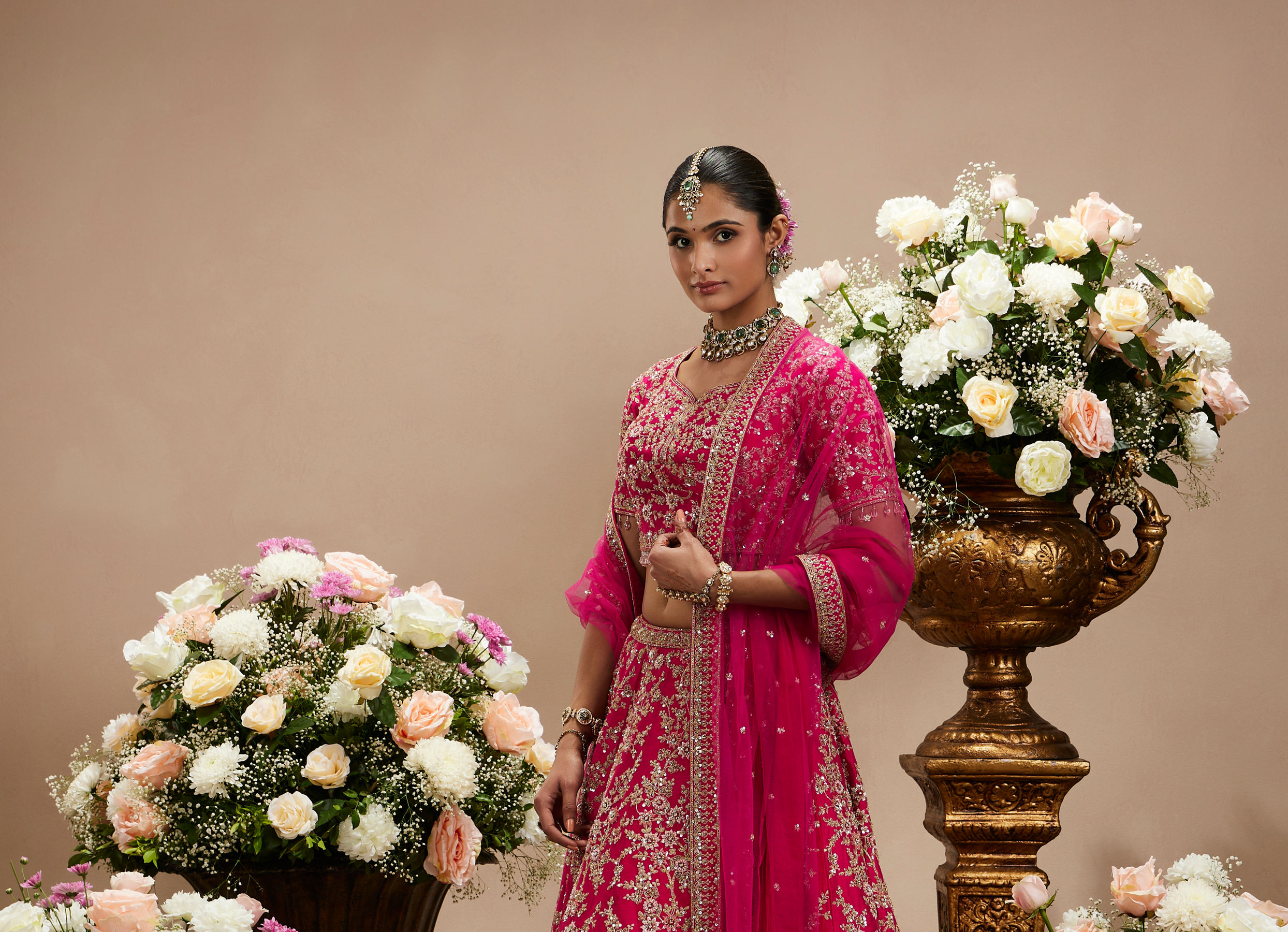 Twamev Women Rani Pink Bel Buti Embroidered Lehenga with Intricate Borders, Sequin And Stone Work