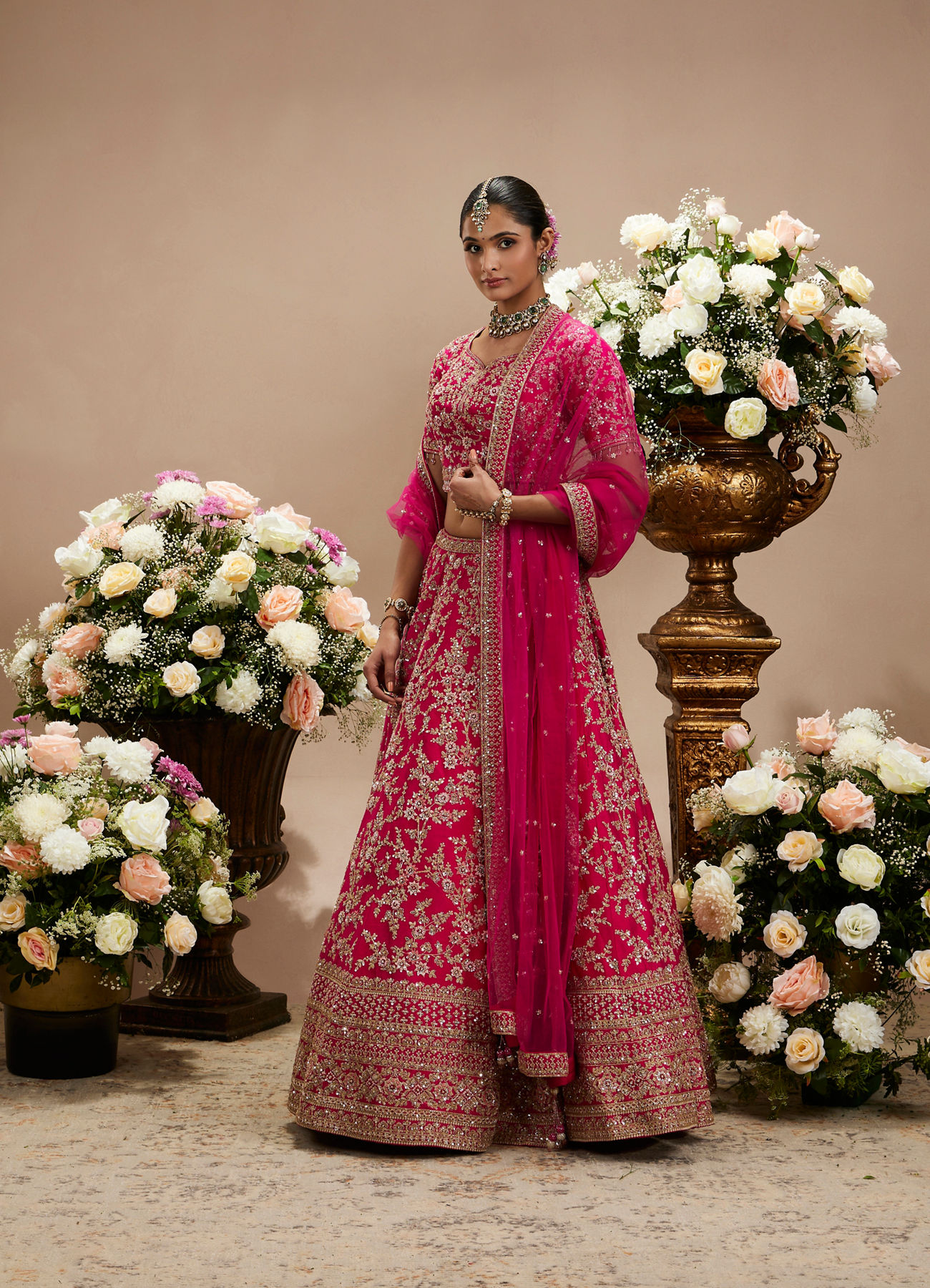 Twamev Women Rani Pink Bel Buti Embroidered Lehenga with Intricate Borders, Sequin And Stone Work