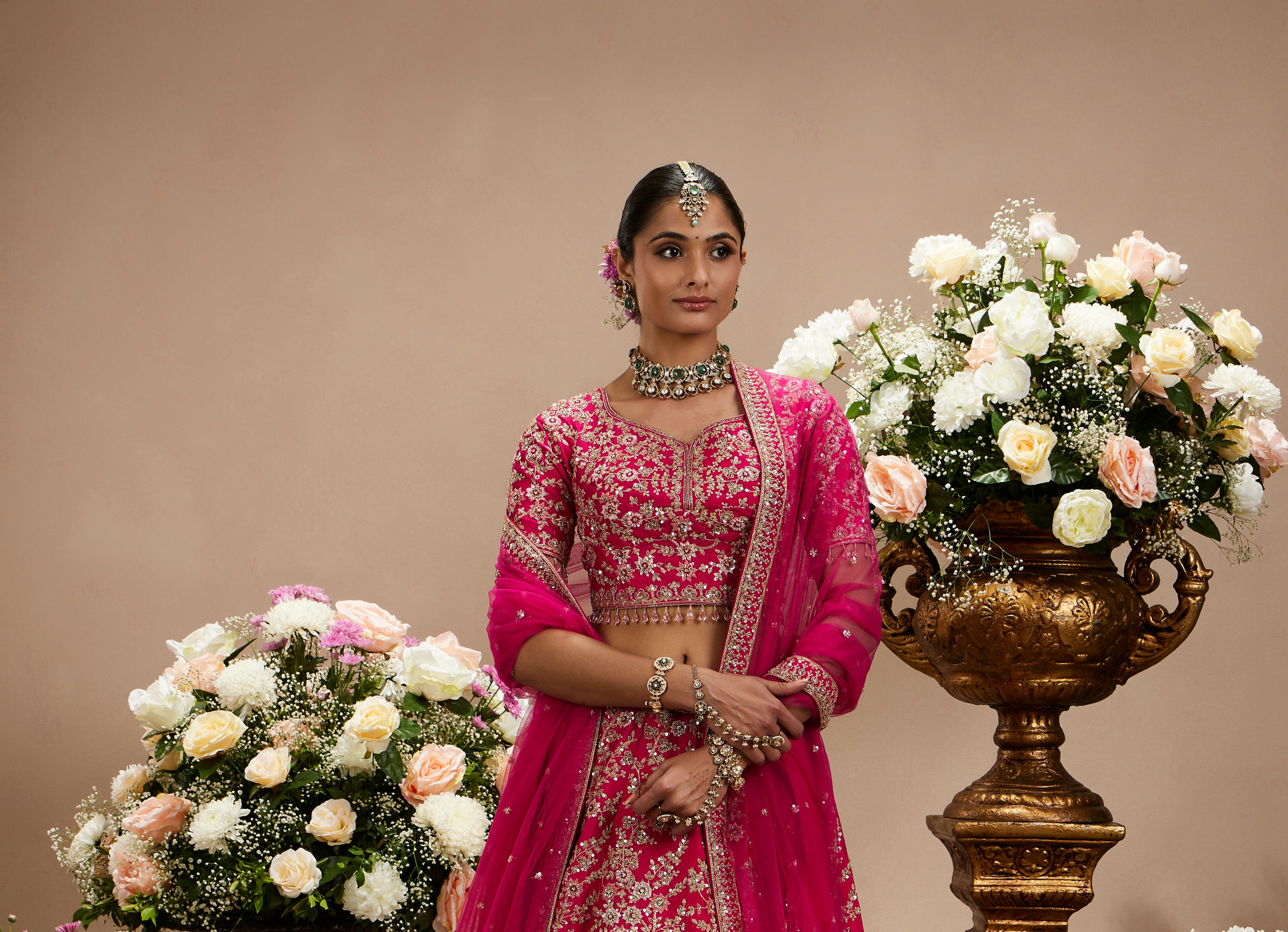 Twamev Women Rani Pink Bel Buti Embroidered Lehenga with Intricate Borders, Sequin And Stone Work