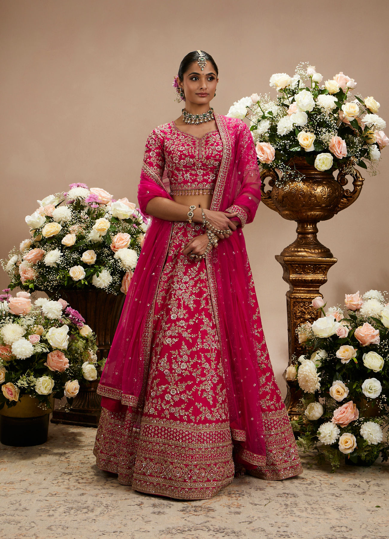Twamev Women Rani Pink Bel Buti Embroidered Lehenga with Intricate Borders, Sequin And Stone Work