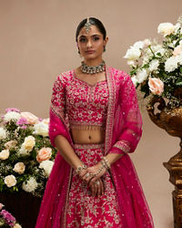 Twamev Women Rani Pink Bel Buti Embroidered Lehenga with Intricate Borders, Sequin And Stone Work