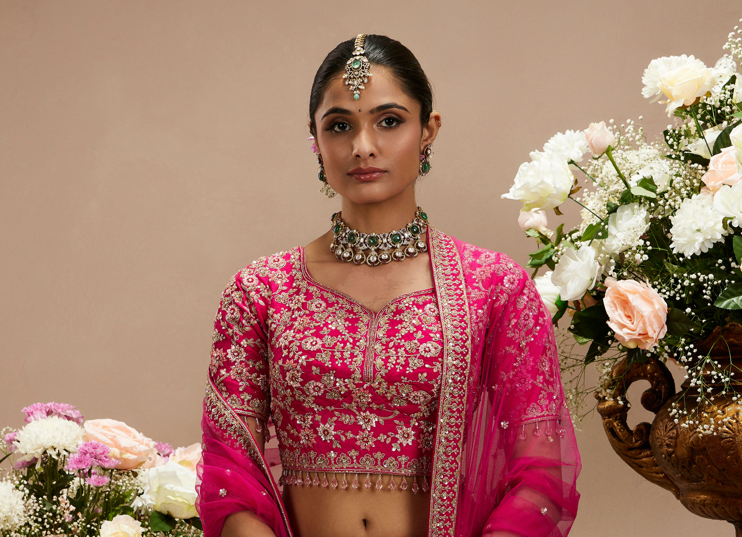 Twamev Women Rani Pink Bel Buti Embroidered Lehenga with Intricate Borders, Sequin And Stone Work