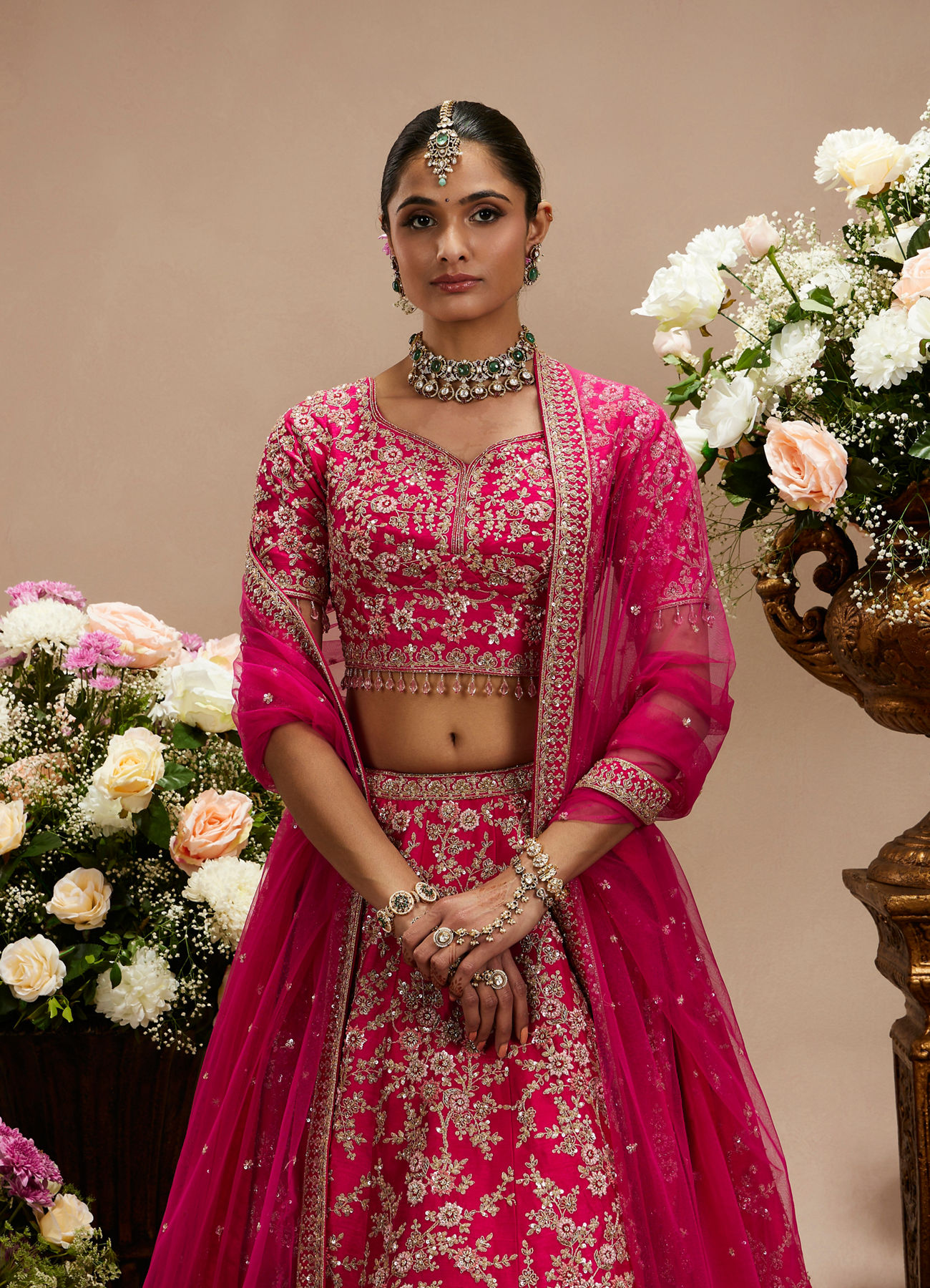 Twamev Women Rani Pink Bel Buti Embroidered Lehenga with Intricate Borders, Sequin And Stone Work