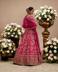 Twamev Women Rani Pink Bel Buti Embroidered Lehenga with Intricate Borders, Sequin And Stone Work