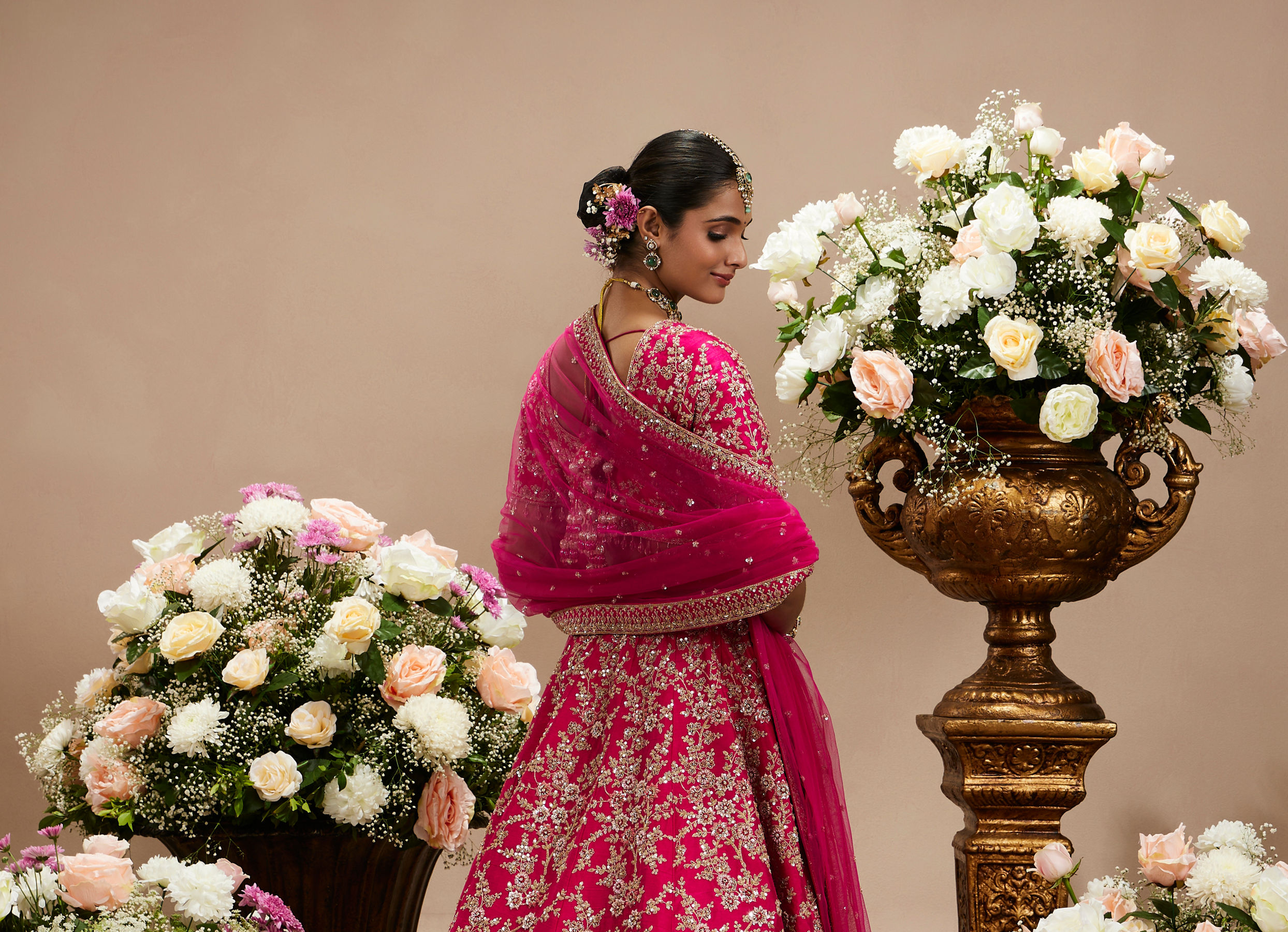Twamev Women Rani Pink Bel Buti Embroidered Lehenga with Intricate Borders, Sequin And Stone Work