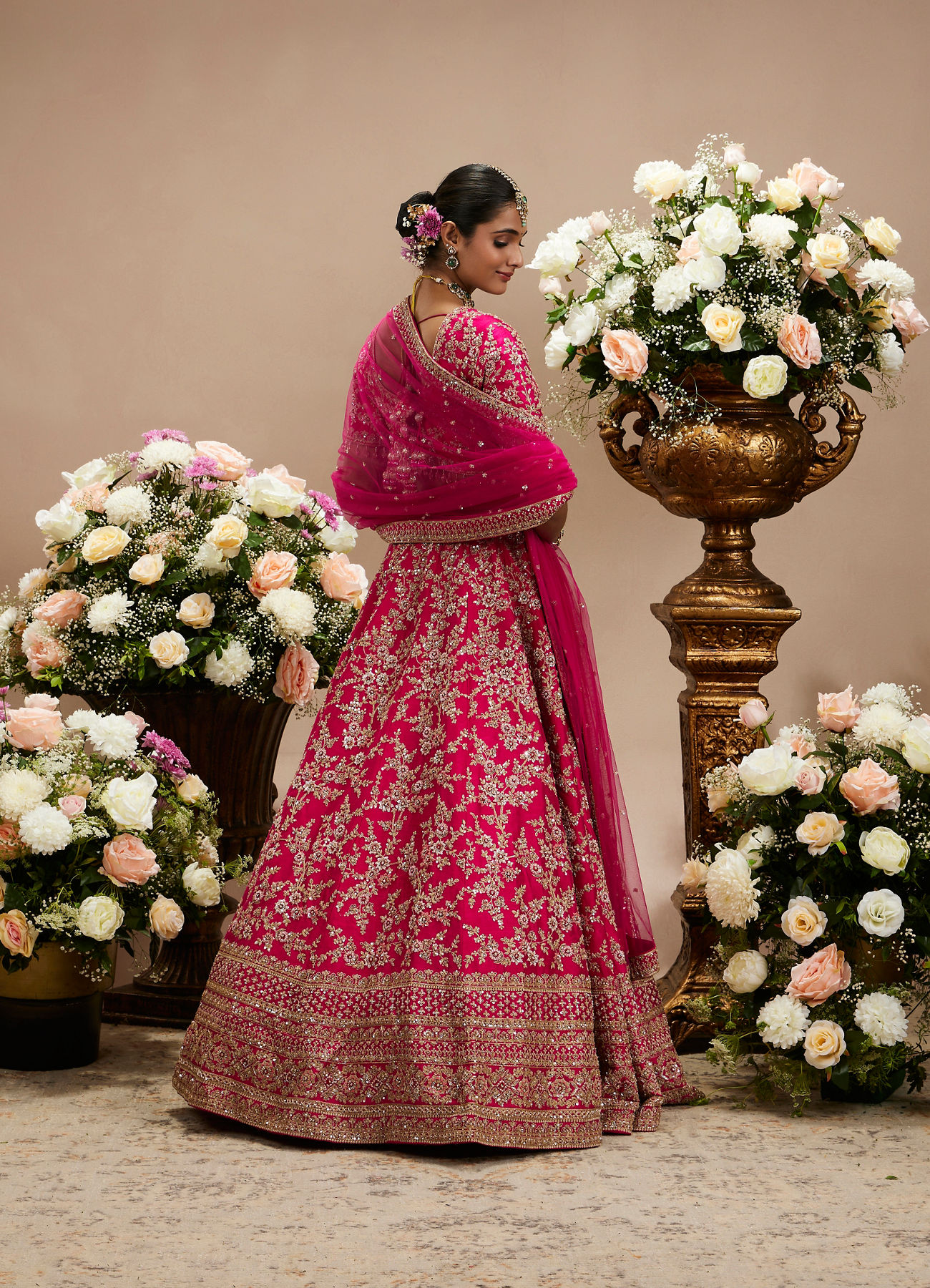 Twamev Women Rani Pink Bel Buti Embroidered Lehenga with Intricate Borders, Sequin And Stone Work