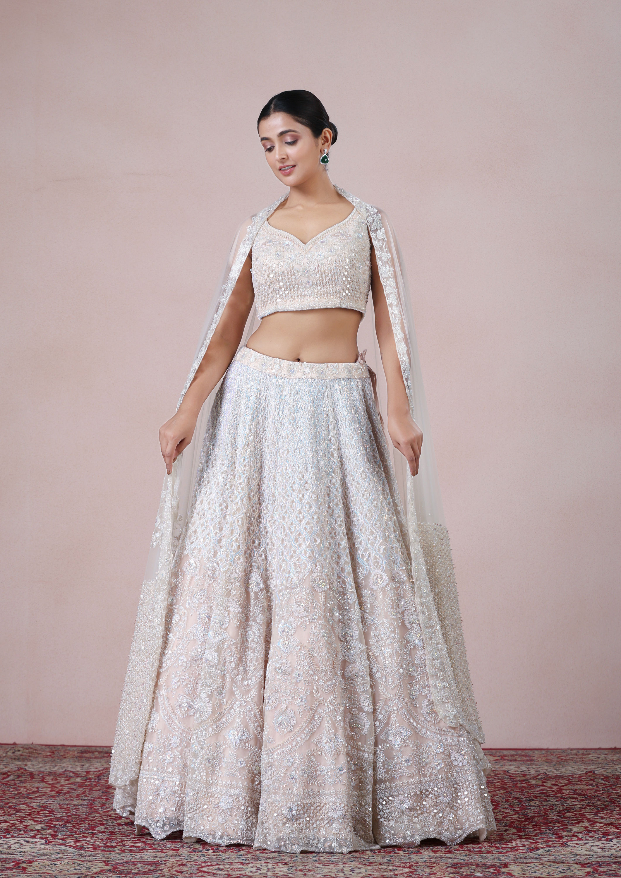 alt message - Twamev Women Ethereal Cream Dream Lehenga image number 0