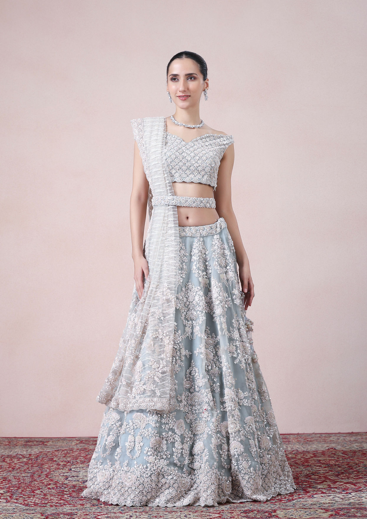 alt message - Twamev Women Modern Chic Grey Lehenga image number 0