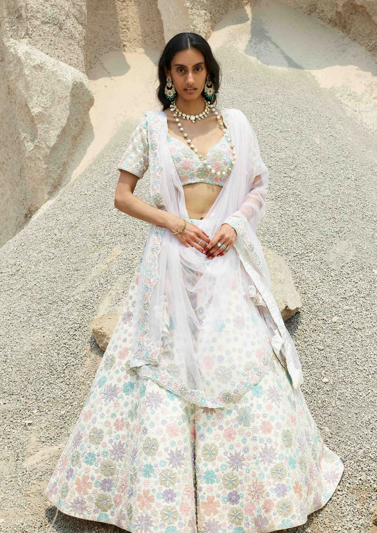 alt message - Twamev Women Antique White Ditsy Floral Patterned Hand Embroidered Lehenga image number 0