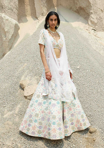 alt message - Twamev Women Antique White Ditsy Floral Patterned Hand Embroidered Lehenga image number 1